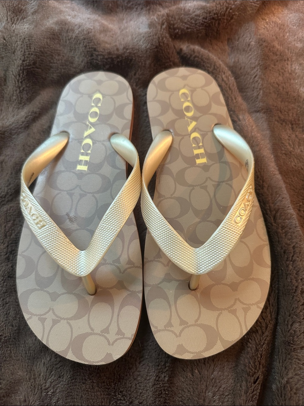 Coach Gold Signature Flip Flops with Gold Logo